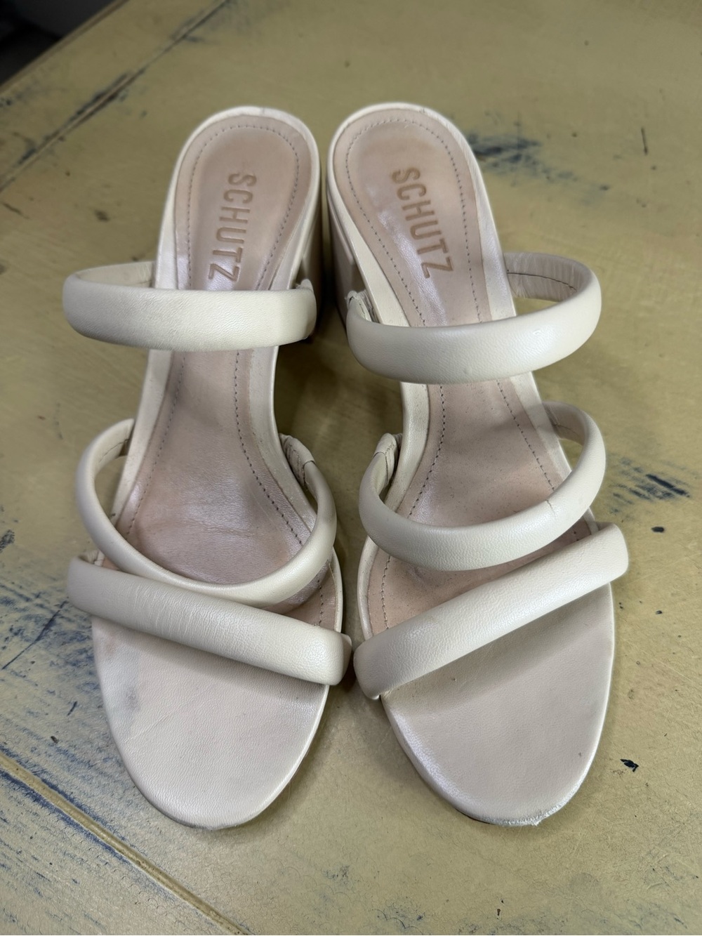 SCHUTZ Ivory Triple-Strap Block Heel Sandals